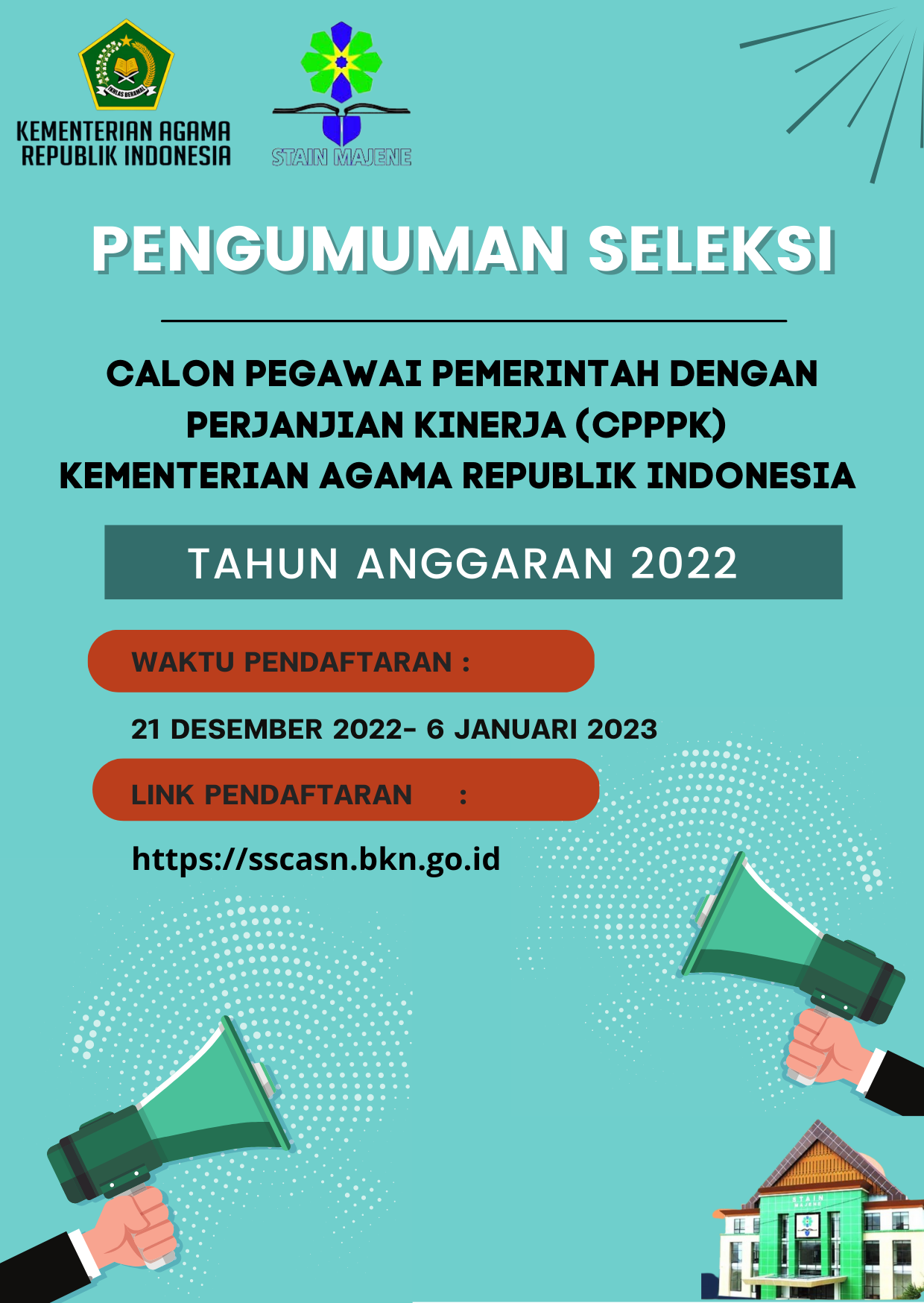 PENGUMUMAN SELEKSI CALON PEGAWAI PEMERINTAH DENGAN PERJANJIAN KERJA KEMENTERIAN AGAMA RI TAHUN ANGGA